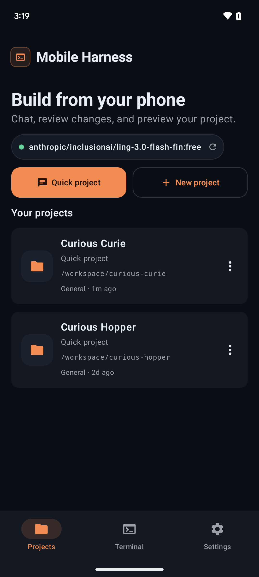 Projects workspace showing isolated project sessions