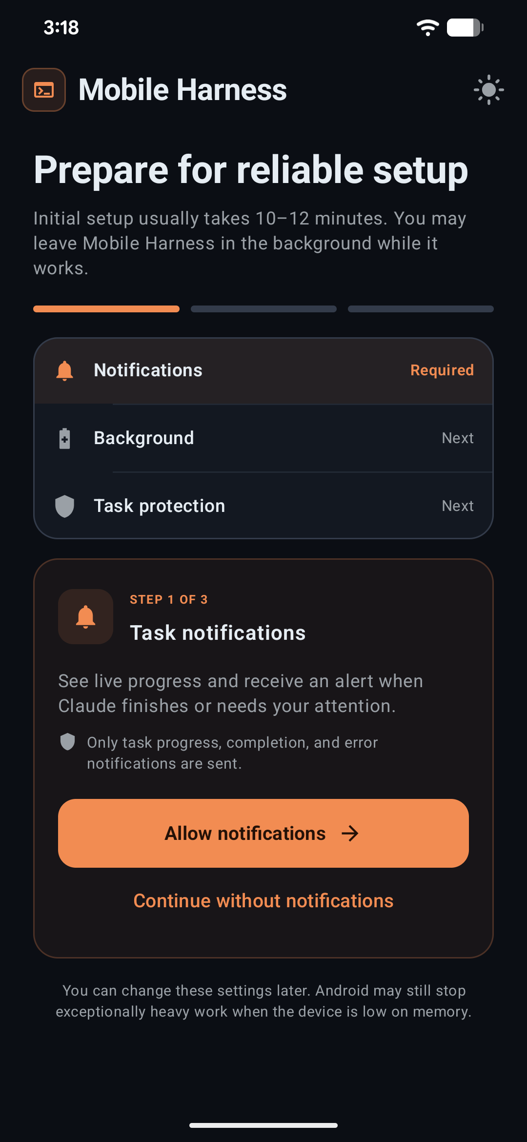 System readiness check during setup